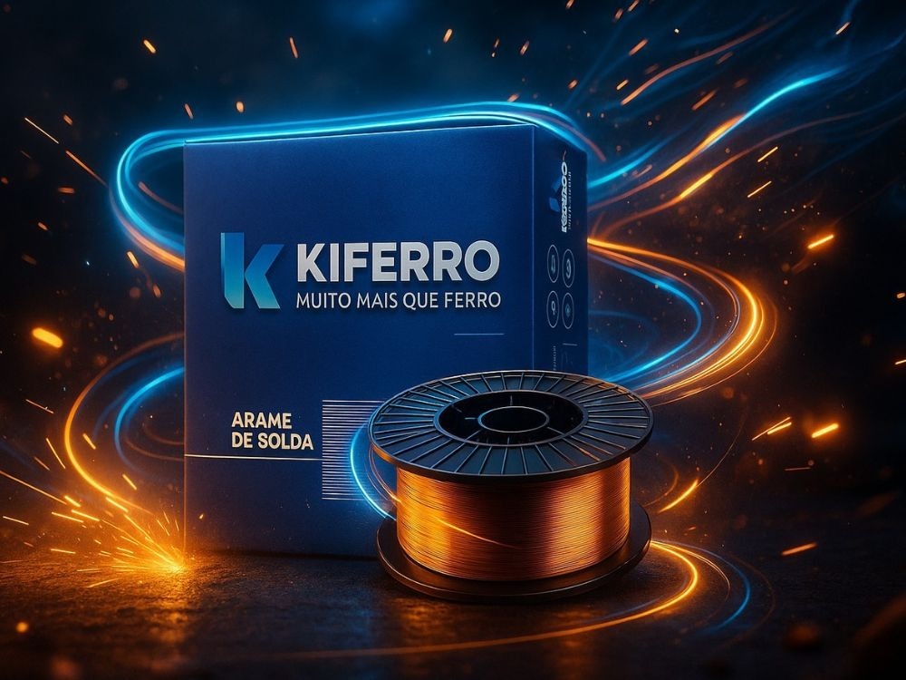 Carretel de arame MIG ao lado da caixa da marca Kiferro, mostrando insumos utilizados para verificar na prática se Solda MIG é boa em diferentes aplicações.