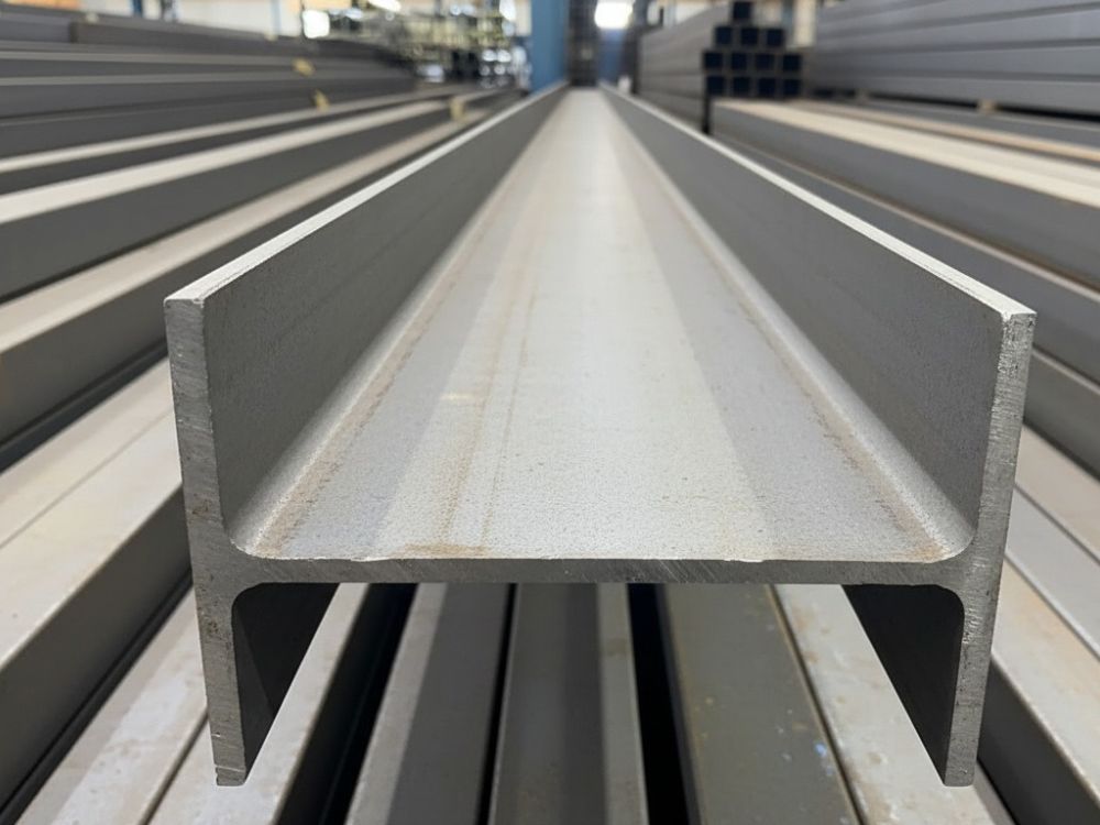 Perfil metálico em destaque com seção em I sobre base industrial, explicando visualmente O que é viga W? e suas características.