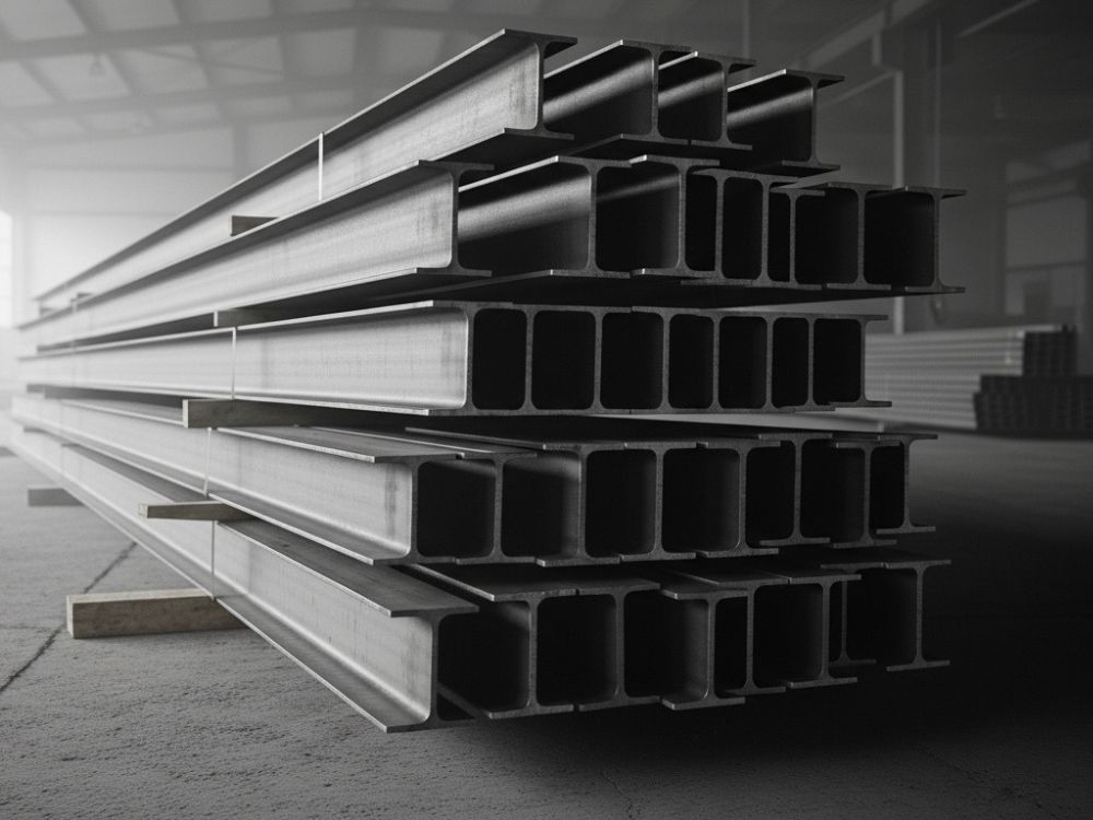 Estruturas de aço organizadas em ambiente industrial, demonstrando O que é viga W? e sua resistência estrutural.