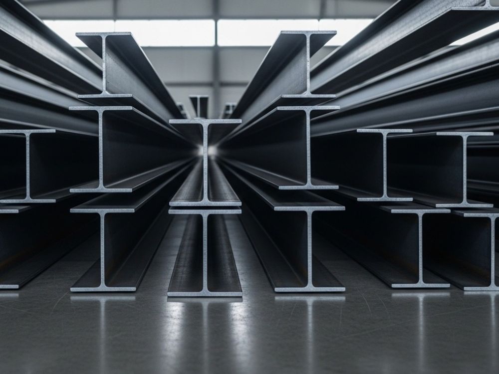 Perfis metálicos em formato I alinhados em galpão, representando O que é viga W? e seu uso na construção civil.