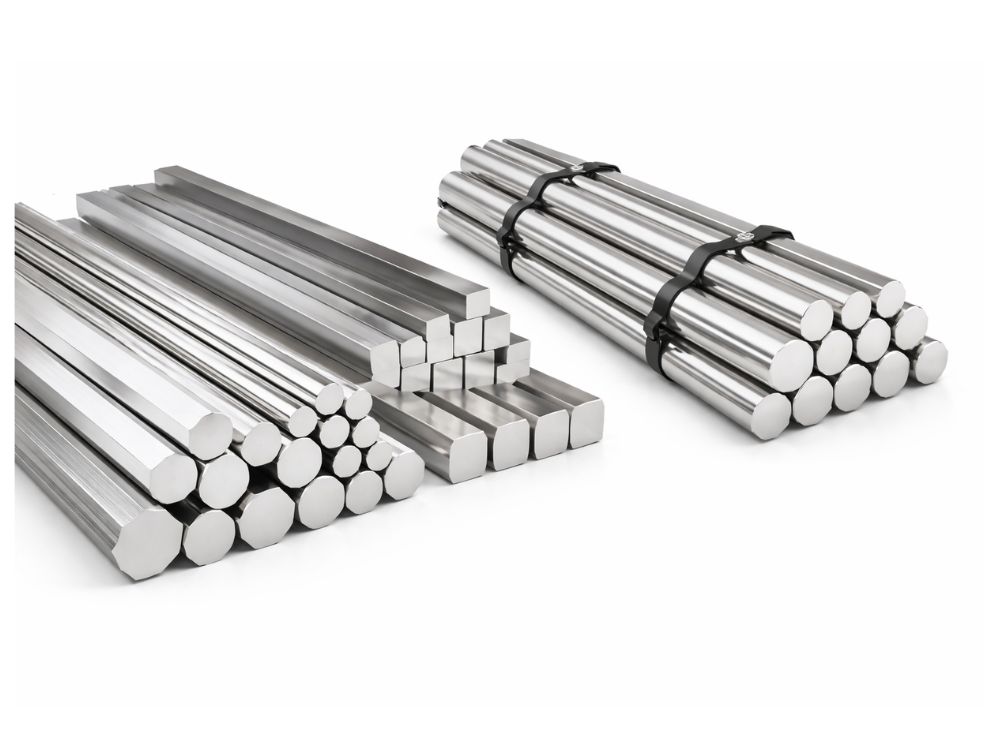 Barras redondas, sextavadas e quadradas com superfície lisa exemplificando o que é ferro trefilado e suas aplicações industriais