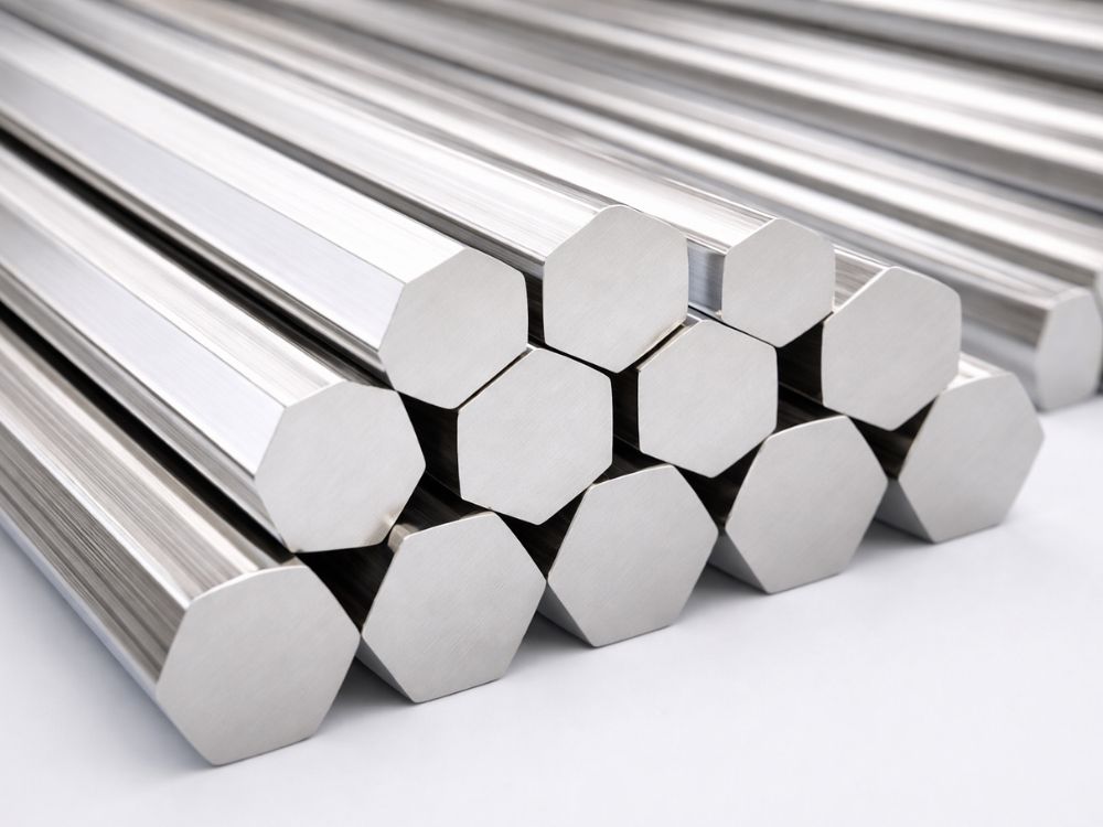 Conjunto de barras metálicas com acabamento uniforme e alta precisão dimensional representando o que é ferro trefilado