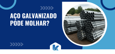 Arte com tubos metálicos e destaque para a pergunta aço galvanizado pode molhar, ilustrando resistência do material à umidade.