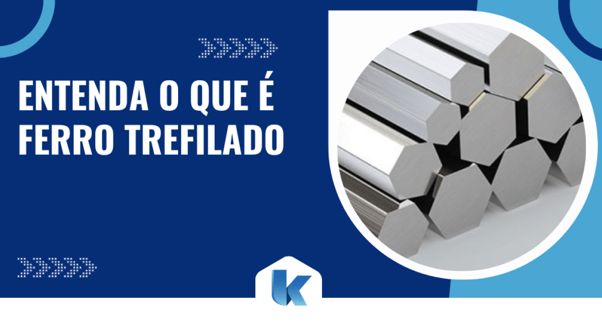 Imagem com barras metálicas trefiladas e destaque para o tema o que é ferro trefilado em layout informativo com fundo azul