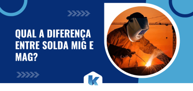 Banner informativo sobre a diferença entre solda MIG e MAG com soldador utilizando equipamento de proteção e realizando soldagem em estrutura metálica.