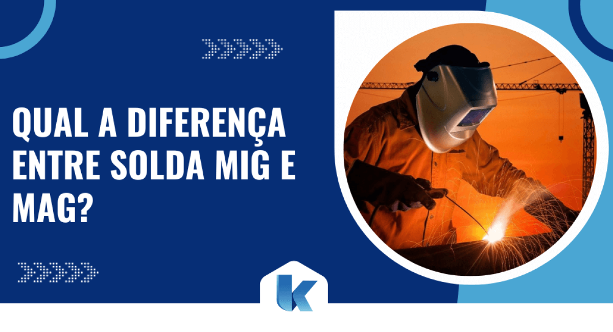 Banner informativo sobre a diferença entre solda MIG e MAG com soldador utilizando equipamento de proteção e realizando soldagem em estrutura metálica.