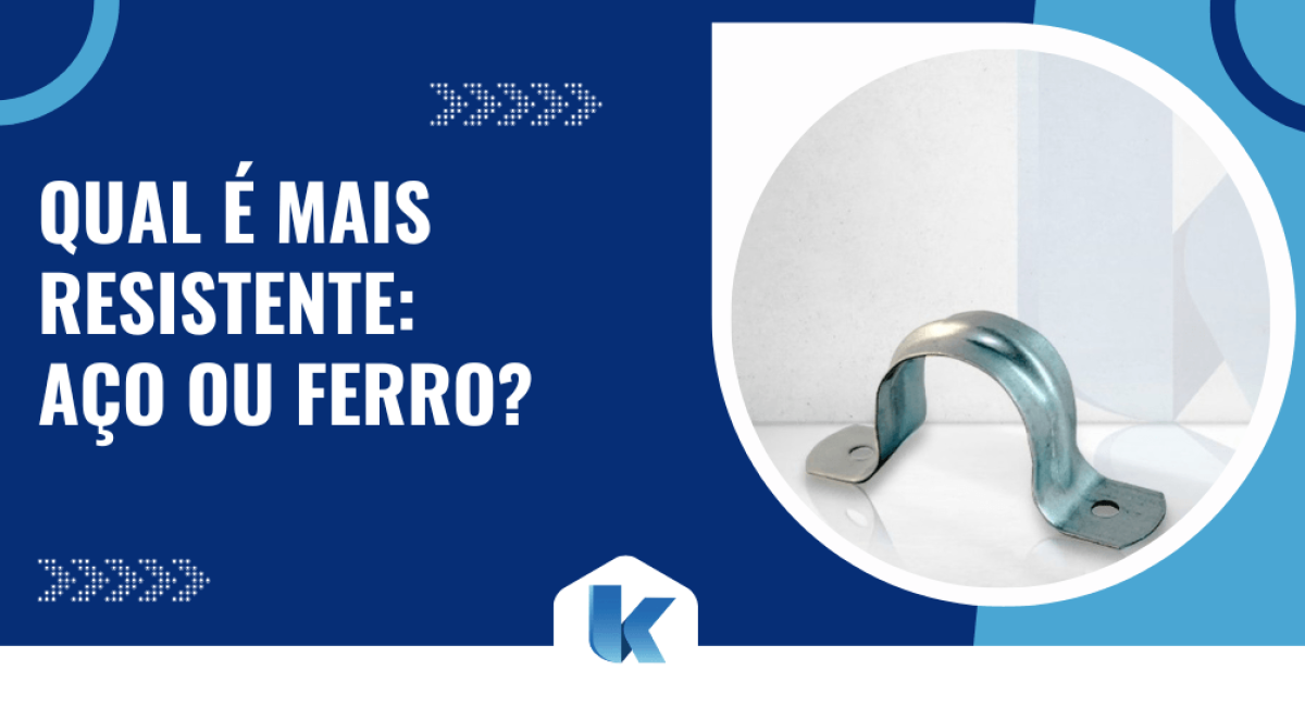 Arte gráfica com a frase qual é mais resistente aço ou ferro em destaque ao lado de uma abraçadeira metálica usada em aplicações industriais.