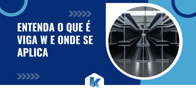 Imagem com fundo azul e texto “Entenda o que é viga W e onde se aplica”, acompanhada de foto circular com perfis metálicos estruturais em formato I alinhados em ambiente industrial.