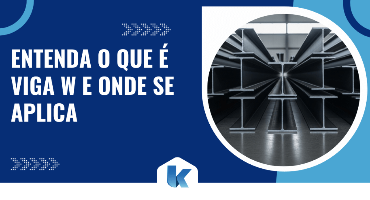 Imagem com fundo azul e texto “Entenda o que é viga W e onde se aplica”, acompanhada de foto circular com perfis metálicos estruturais em formato I alinhados em ambiente industrial.