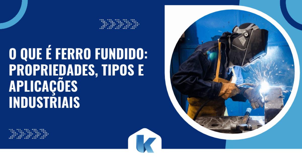 Capa do artigo sobre ferro fundido, com fotografia de um profissional soldando uma peça metálica e título sobre propriedades, tipos e aplicações industriais.